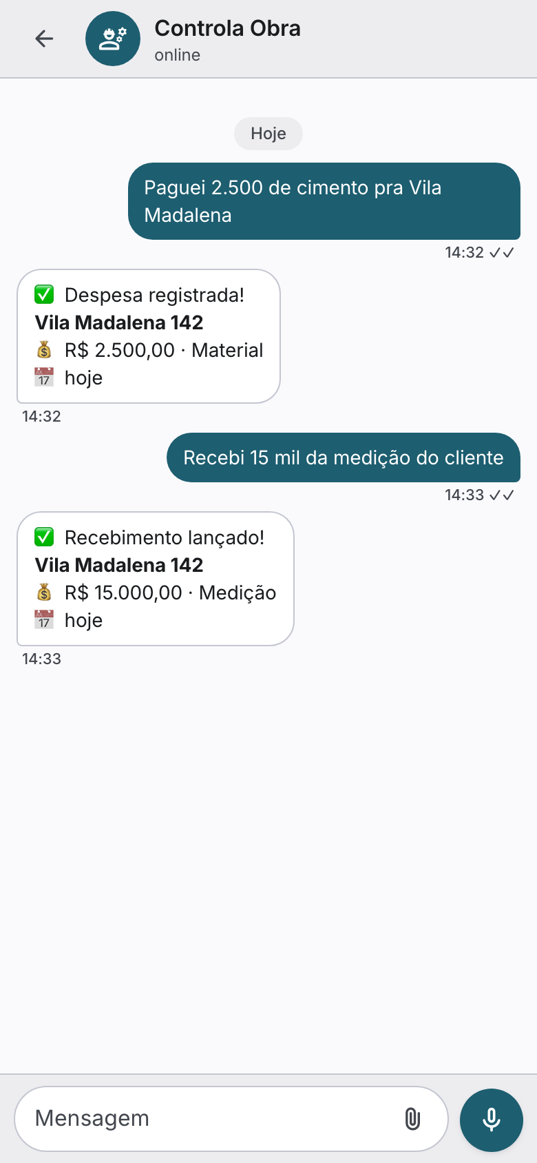 Conversa no Controla Obra registrando despesas e recebimentos