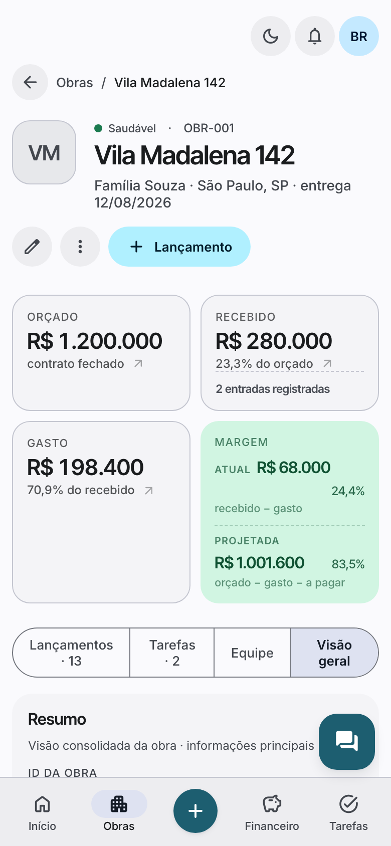 Visão geral financeira de uma obra