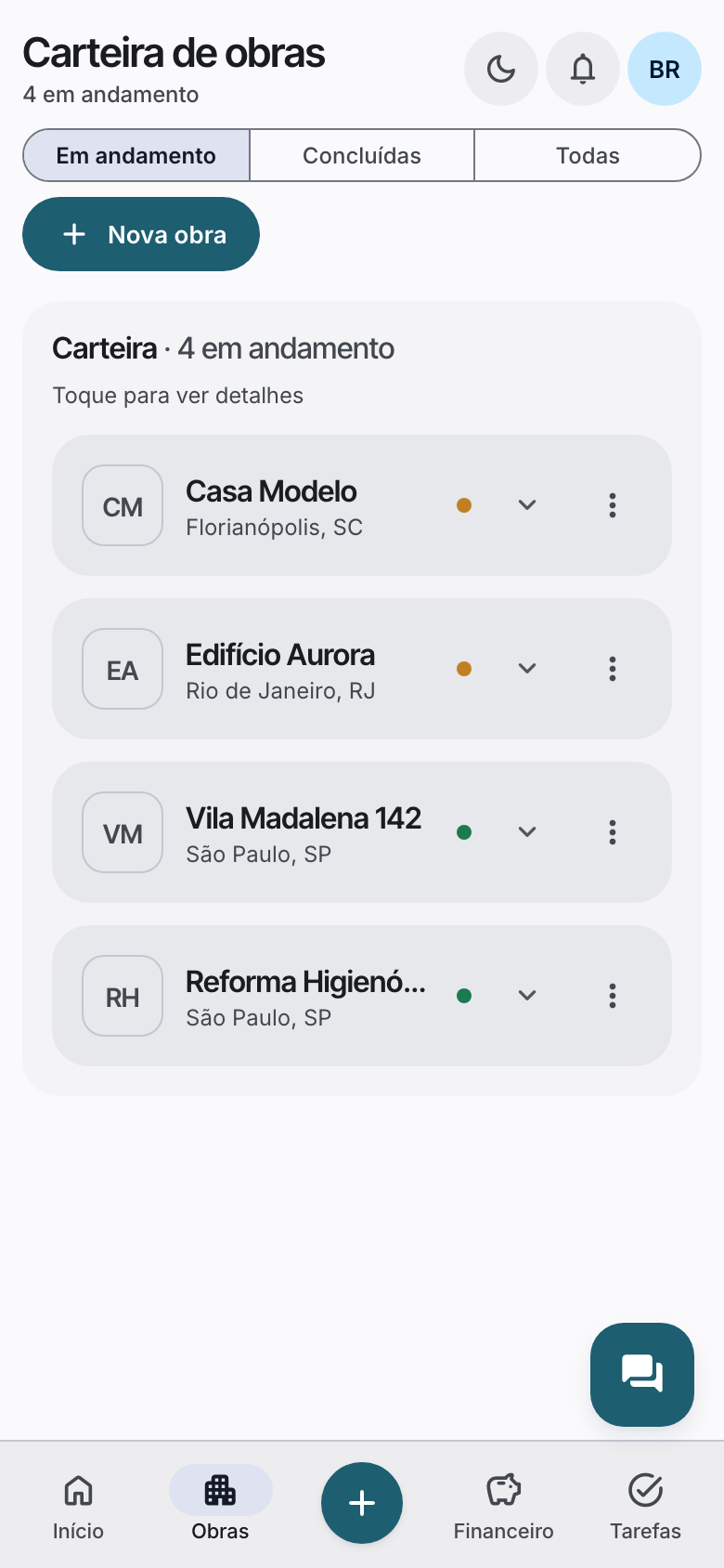 Carteira de obras no aplicativo