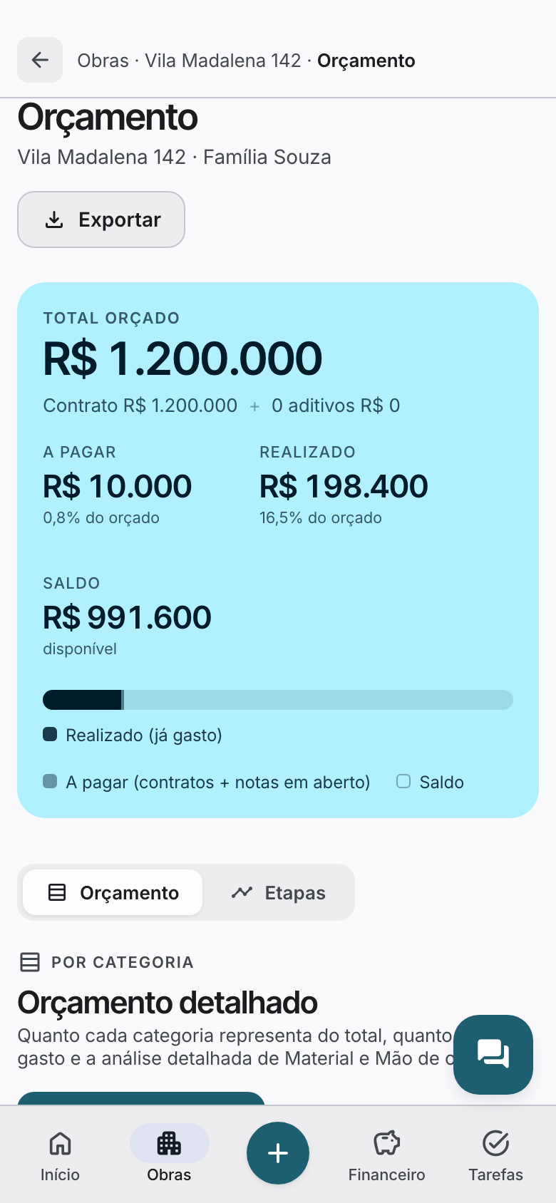 Orçamento detalhado de uma obra no Controla Obra