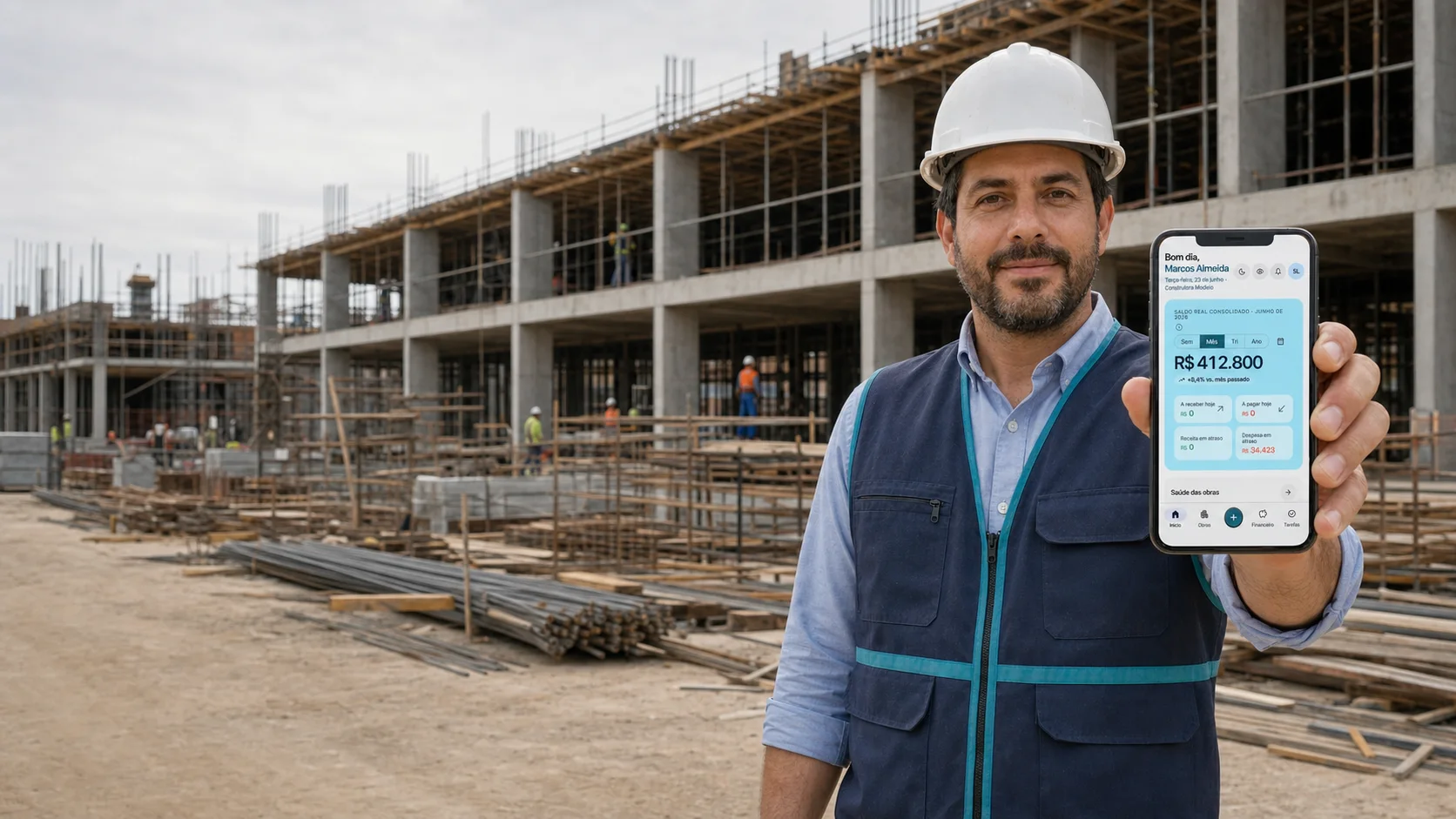 Gestor de obras em um canteiro segurando um celular com a tela inicial do Controla Obra